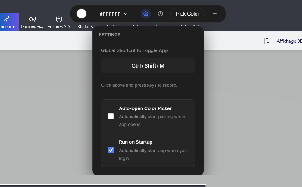 Menu des shortcuts