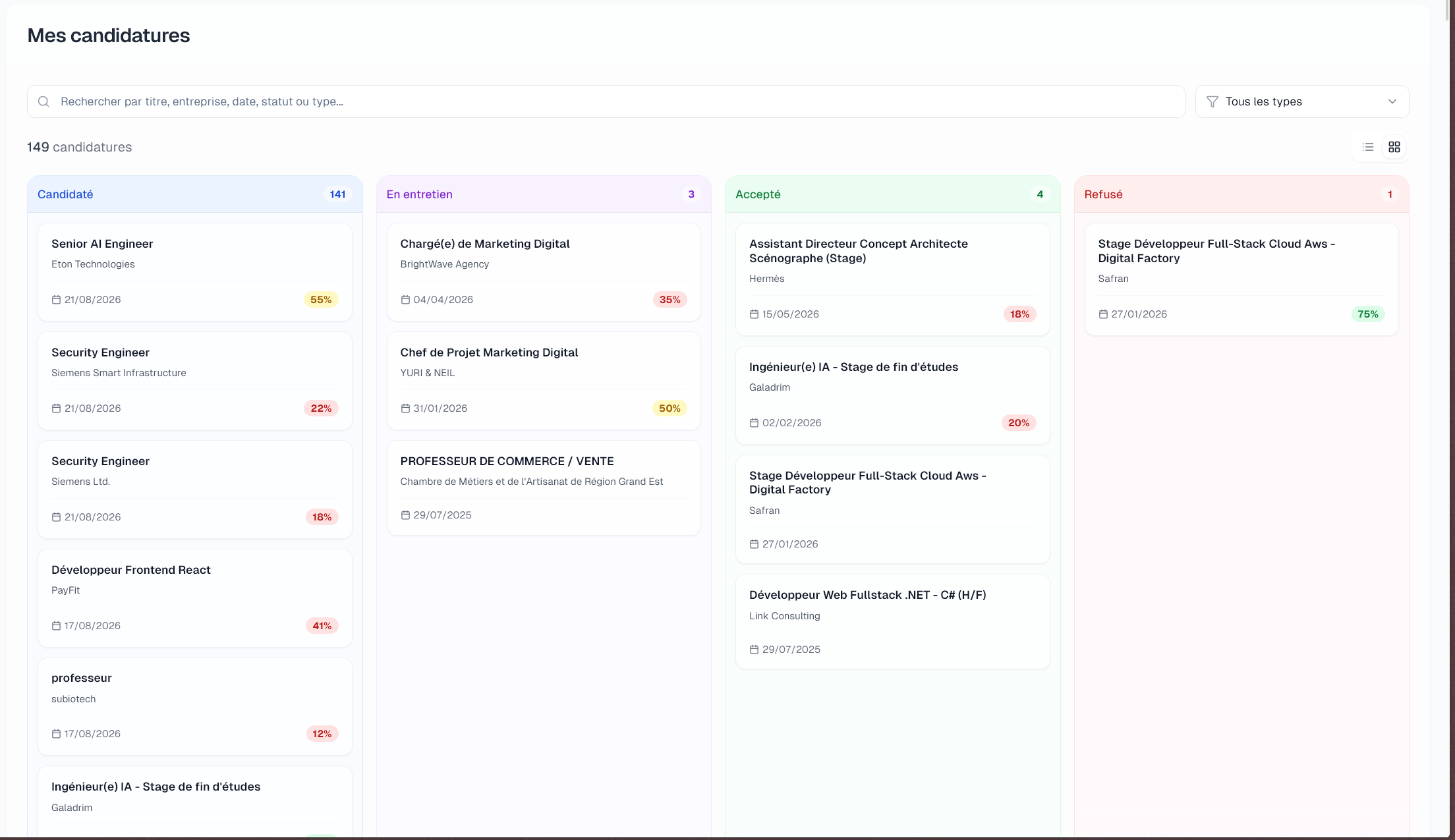 Tableau Kanban de suivi des candidatures