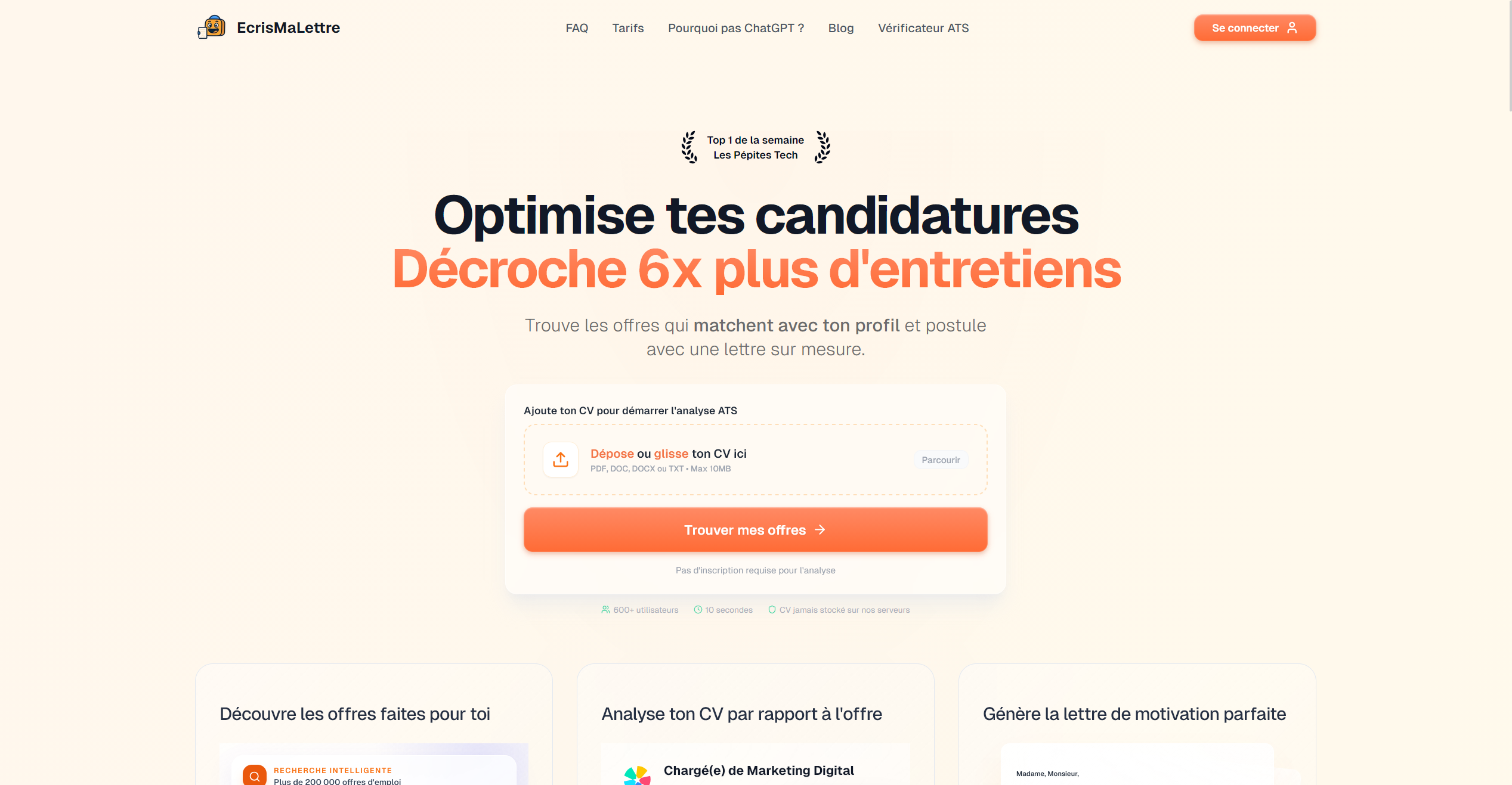 Page d'accueil actuelle d'EcrisMaLettre qui présente le parcours complet de candidature
