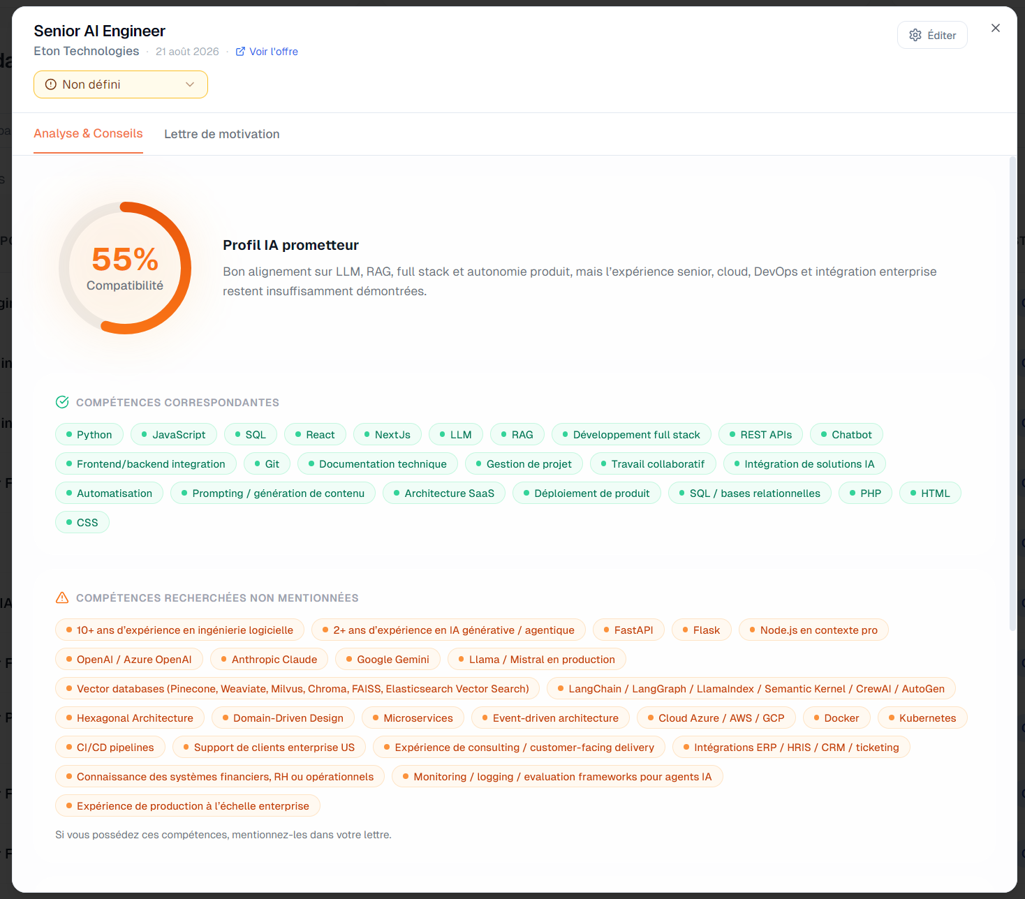 Score de compatibilité entre le CV et l'offre avec les compétences correspondantes et manquantes