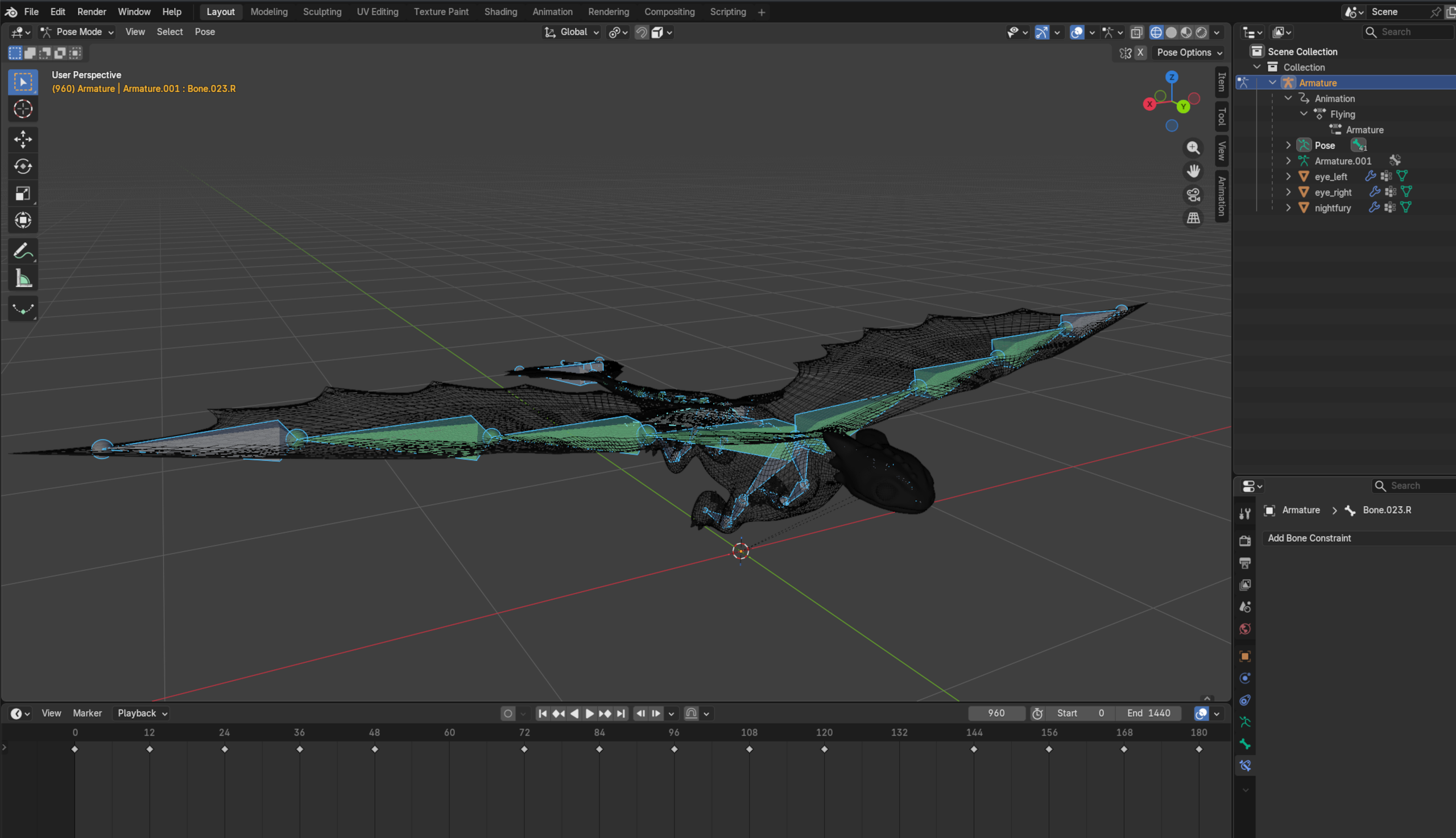 Armature et timeline d'animation du dragon